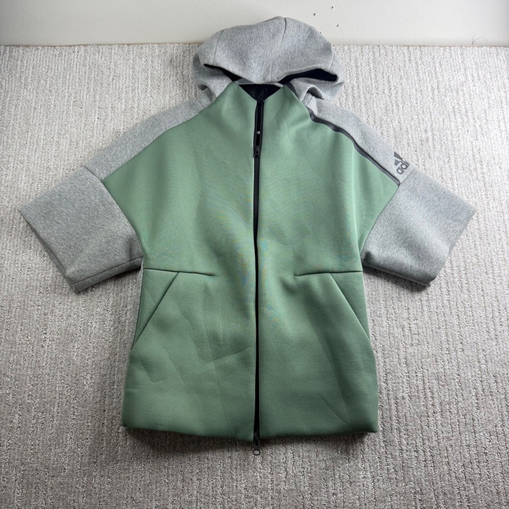 Adidas ZNE Short Sleeve Full Zip Hoodie Mens Size XS Green Gray CW6482
